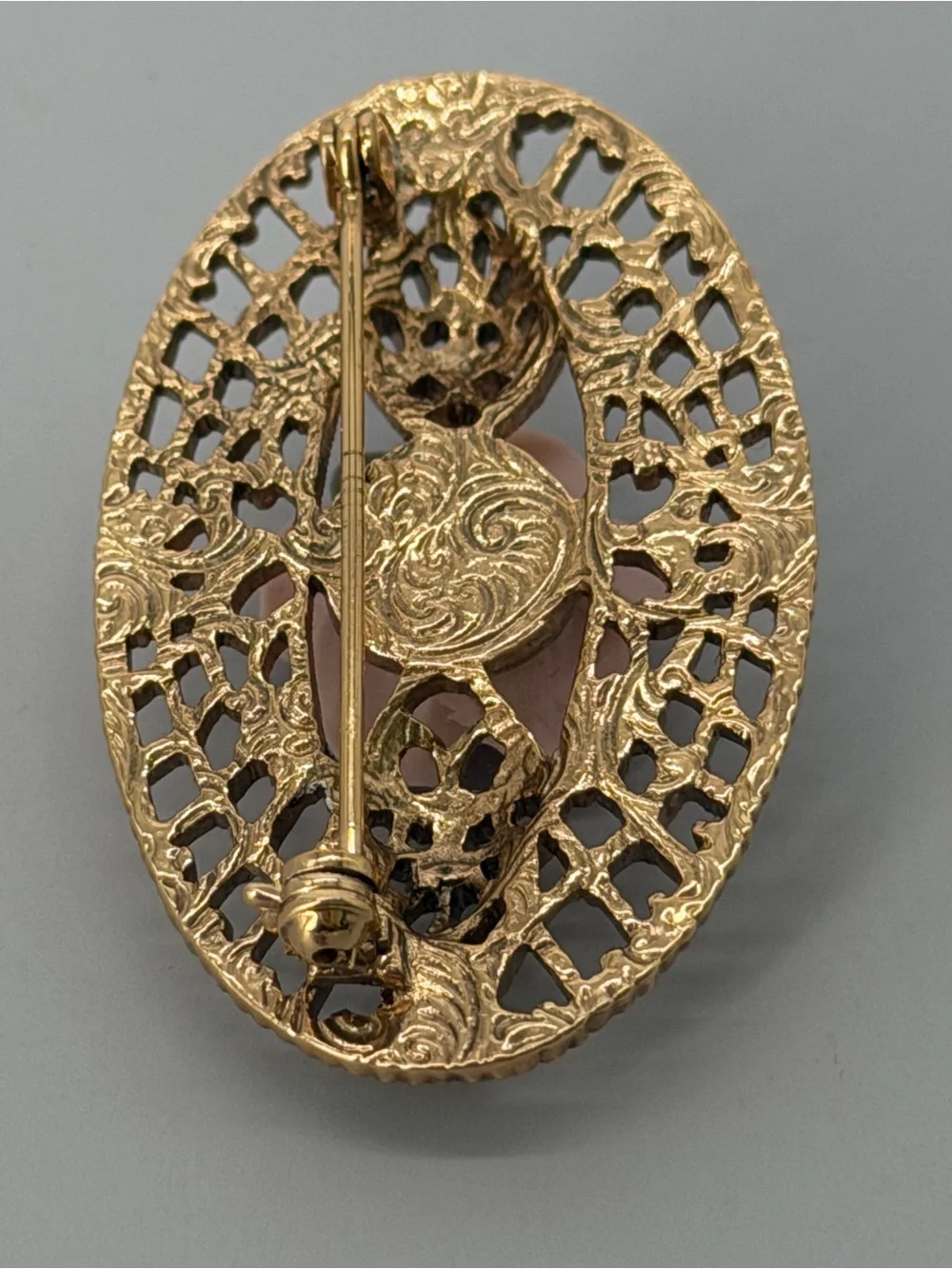1928 Gold-Tone Filigree Brooch and Earring Set with Pink Porcelain Rose